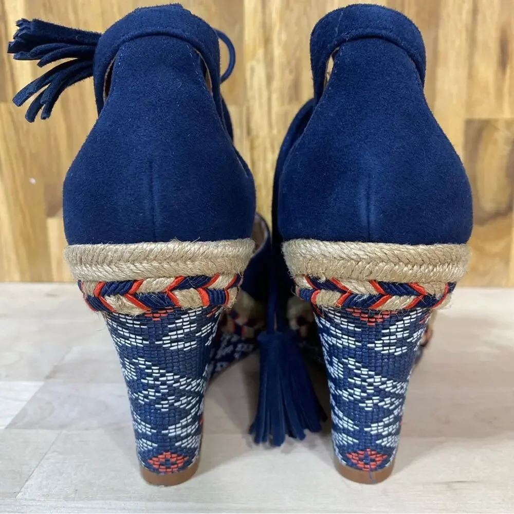 Cabi Isla Espadrille Wedge Sandals Ankle Wrap Navy Suede 6